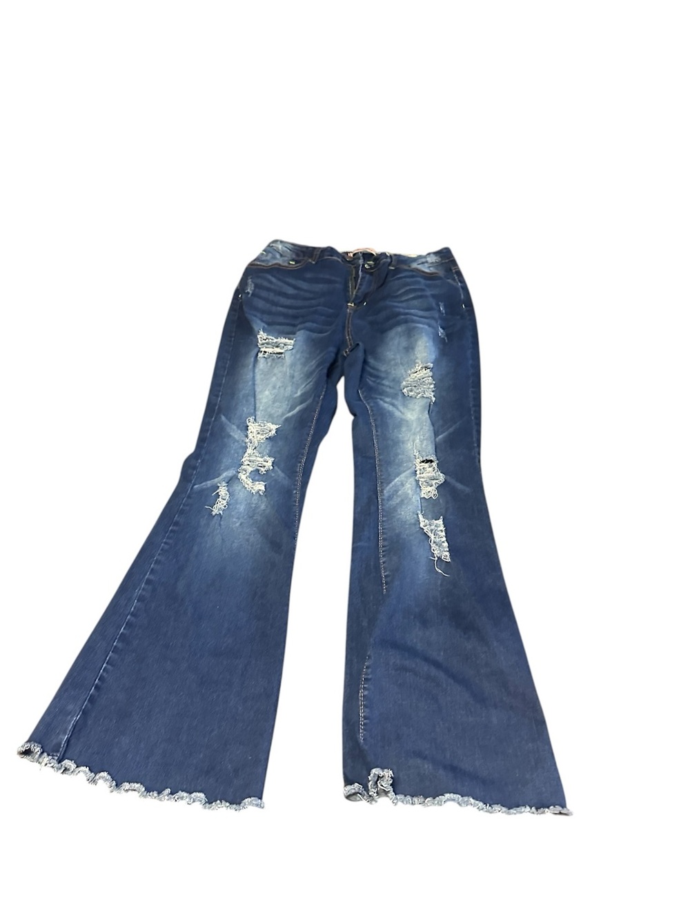Distressed High-Rise Flare Jeans in Dark Blue
